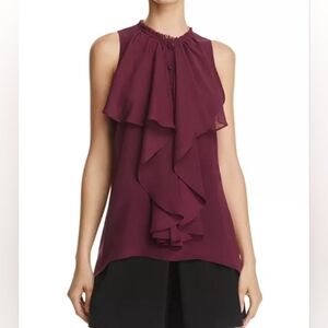 Alice+ Olivia 100% Silk Elisa Bitten Berry High-Neck Ruffle Blouse
